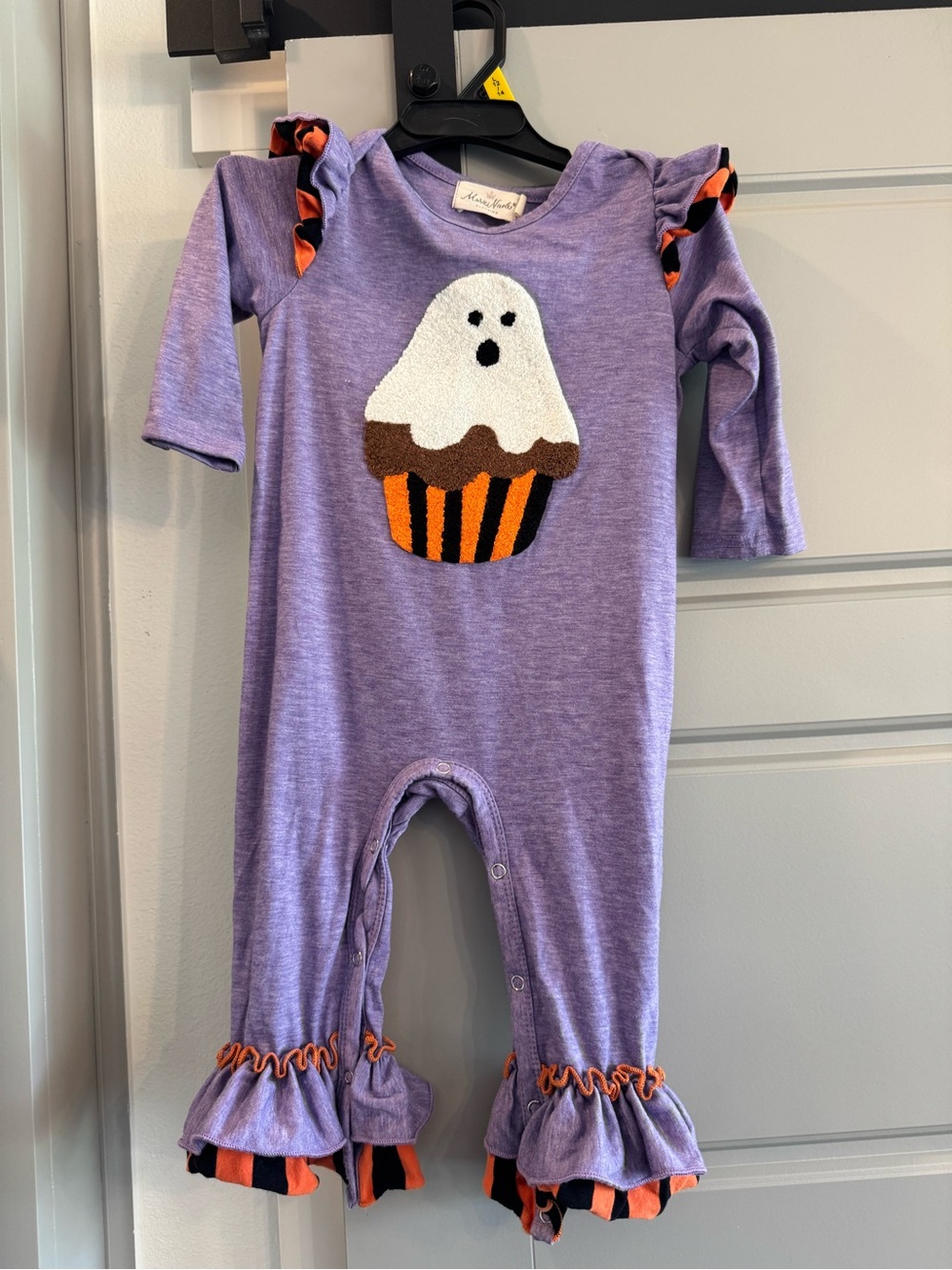 Purple Halloween Ghost Cupcake Ruffle Baby One-Piece